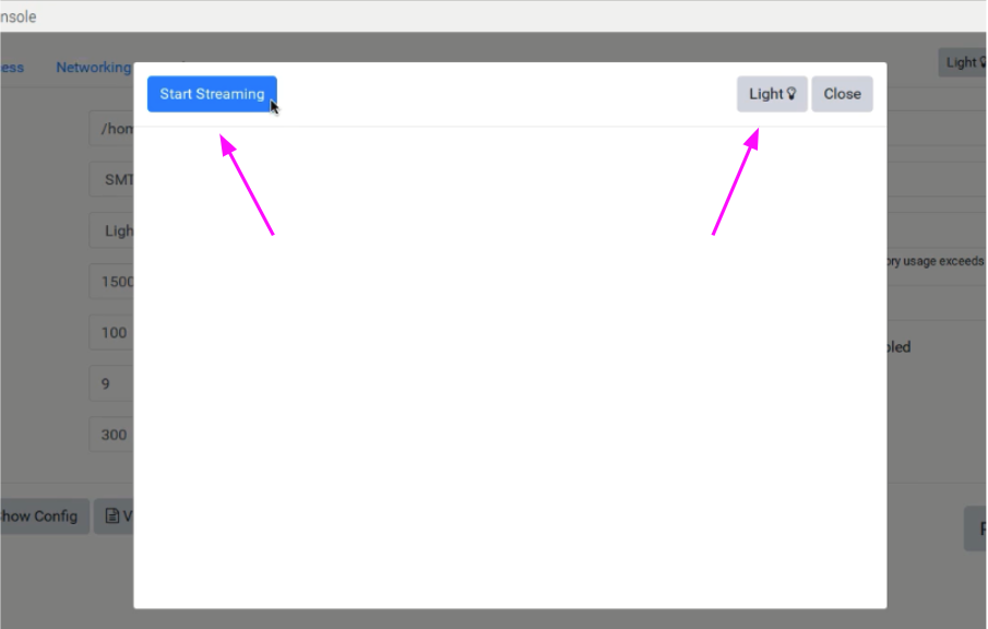 Click Start Streaming to view stream, Light button to toggle light on/off
