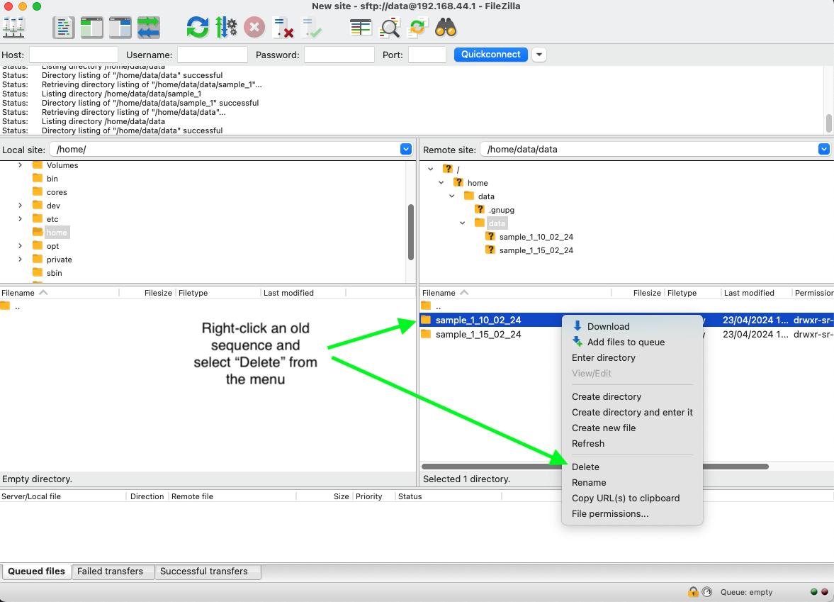 Delete folders using the FileZilla FTP Client