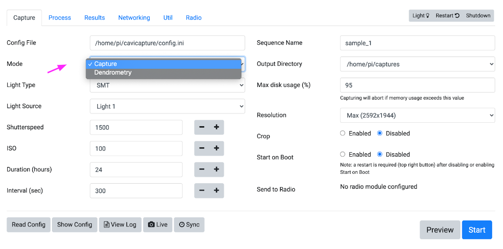 Set the capture mode to Dendrometry in the caviconsole