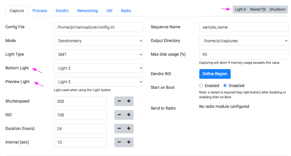 Setting the light options