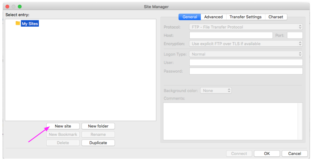 Create a new site in the Sites Manager