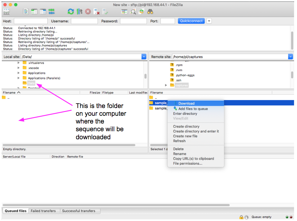 Downloading the sequence folder to the local file system.