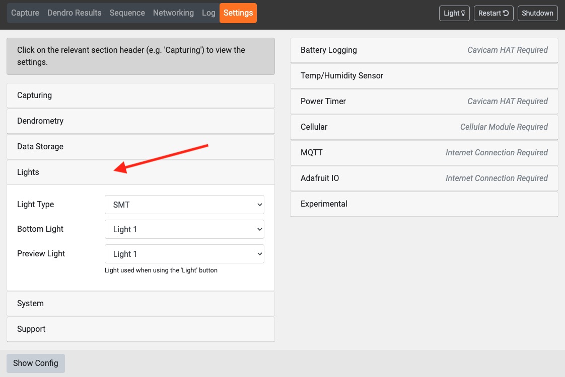 Settings Lights section expanded